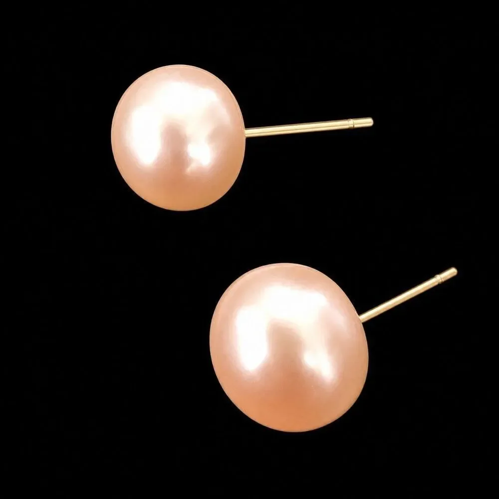 Men’s Large Pink Freshwater Pearl Stud Earrings in Gold Tone - 9-10mm